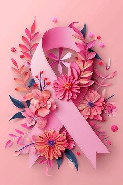 Paper cut style pink ribbon and floral elements on awareness background