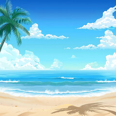 Fototapeta premium 3️⃣ cartoon vector style landscape view of the beach with palm trees, blue sky and white clouds, ocean waves crashing onto sandy shore, bright summer day 