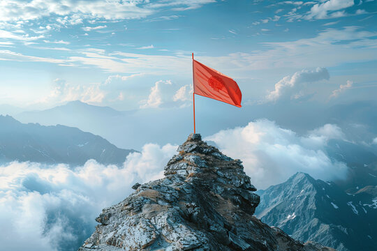 Flag on a mountain peak, symbolizing overcoming difficulties, goal achievement, and a winning strategy with a focus on results
