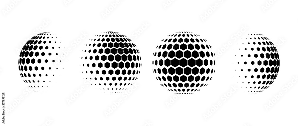 Poster Black halftone pattern sphere collection. Hexagon wireframe 3d circle set. Grid globe element bundle. Round dotted shape pack for tech poster, banner, cover, emblem, leaflet. Vector illustration