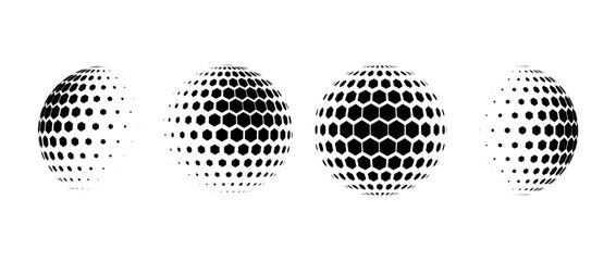 Black halftone pattern sphere collection. Hexagon wireframe 3d circle set. Grid globe element bundle. Round dotted shape pack for tech poster, banner, cover, emblem, leaflet. Vector illustration