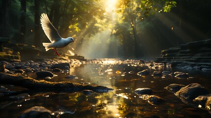 A tranquil river with light reflecting on the water and a dove in flight, symbolizing the Holy Spirit's calming presence