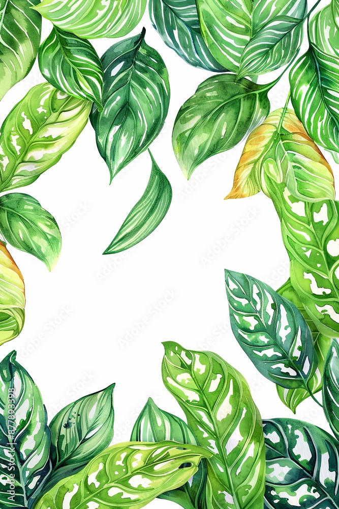 Poster A painting of green leaves with a white background