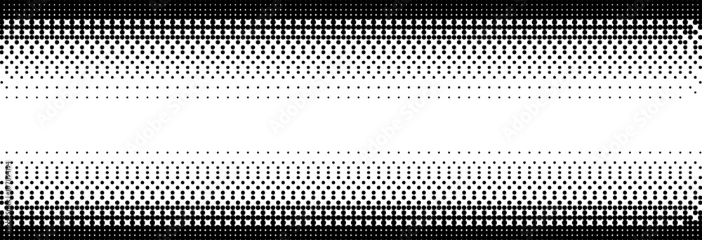 Aufkleber Pixelated bitmap gradient texture. Black and white dither pattern background. 8 bit video game screen wallpaper. Retro glitchy pixel art illustration. Abstract vector wide dithering horizontal border