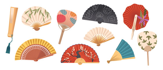 Vector Collection Of Traditional Asian Hand Fans With Various Designs And Colors Showcase Elegance, Cultural Richness