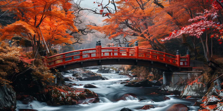 Fall Colors of Japan: Picturesque Wooden Bridge Over Rushing Stream Amid Red Leaves