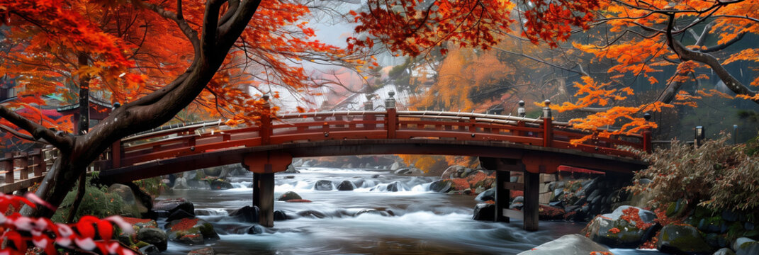 Scenic Japanese Bridge in Fall: Rustic Wooden Footbridge Amid Red Autumn Leaves and Flowing Water