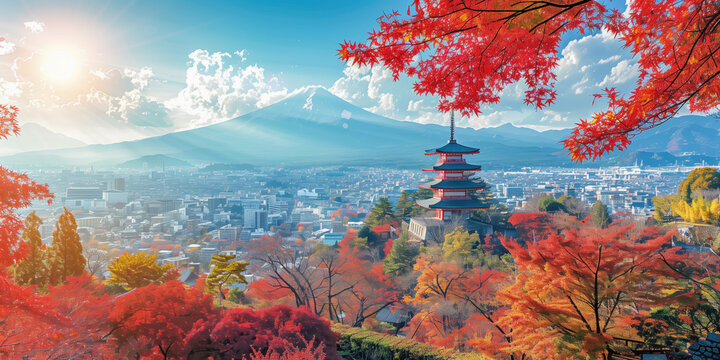 Autumn in Japan: Japanese Cityscape with Hillsides Dotted by Red Maples
