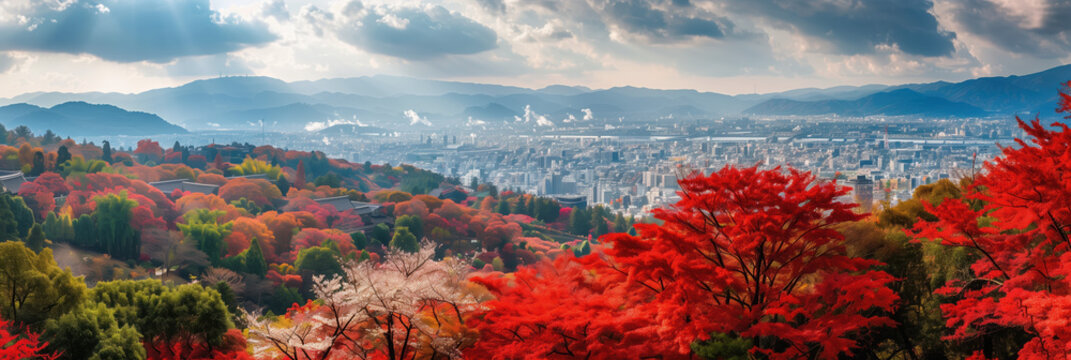 Autumnal Japanese Landscape: Cityscape and Red Maple Hills