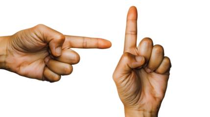 Close-up of two hands, one gesturing a point and the other showing the number one, set against a black background