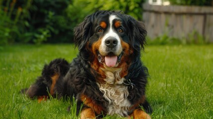Big Bernese Mountain Dog Happily Posing on Green Grass