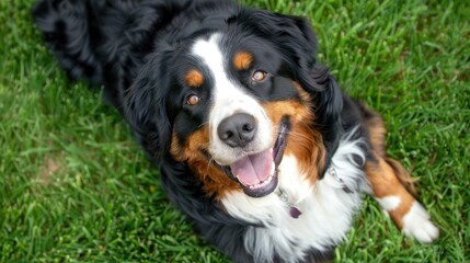Big Bernese Mountain Dog Happily Posing on Green Grass