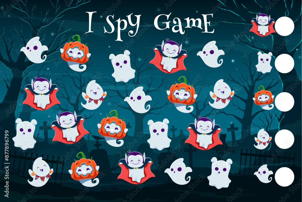 Aufkleber Halloween i spy game quiz, cute kawaii ghost characters. Kids calculation playing activity, object finding vector game or riddle worksheet with funny ghosts personage on night cemetery background