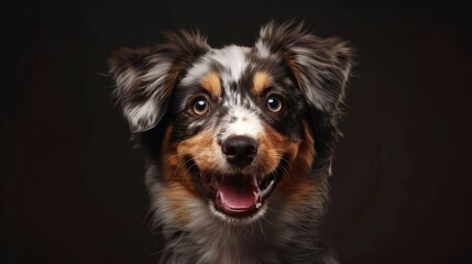 Portrait photography of a cute little Australian Shepherd happy smiling , studio shot isolated on single color background ,editorial style, shoot by DSLR .
