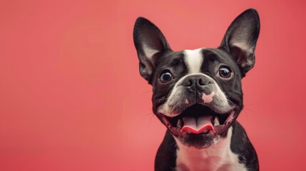 Portrait photography of a cute little Boston Terrier happy smiling , studio shot isolated on single color background ,editorial style, shoot by DSLR .