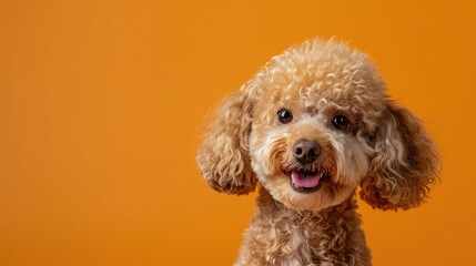 Portrait photography of a cute little Poodle happy smiling , studio shot isolated on single color background ,editorial style, shoot by DSLR .