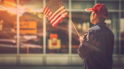 Labor Day salute with a postal worker holding an American flag, standing before a blurred post office background.