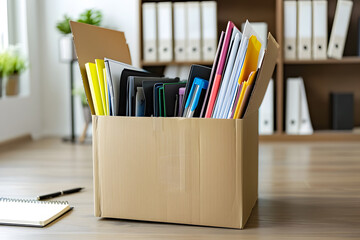Fototapeta premium A cardboard box filled with papers and a pen