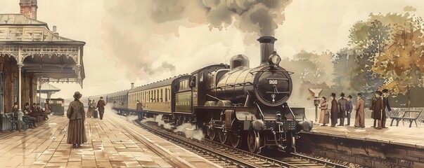 Vintage train station, steam train departing, commuters in period clothing, sepia tones, nostalgic atmosphere, watercolor style