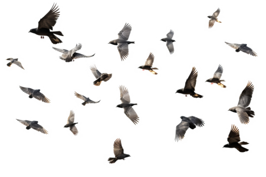 Flock of birds in flight on transparent background for easy decorating projects, PNG style with white background