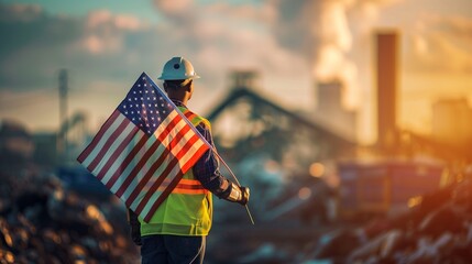 Labor Day tribute with a sanitation worker holding an American flag, standing before a blurred waste management site background.