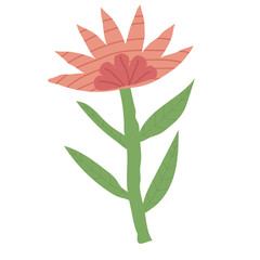 Cartoon drawing of a flower with green leaves and pink petals