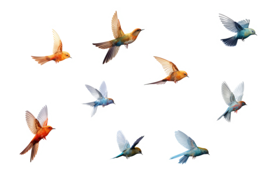 Flock of birds in flight with transparent background for easy decoration projects in PNG style