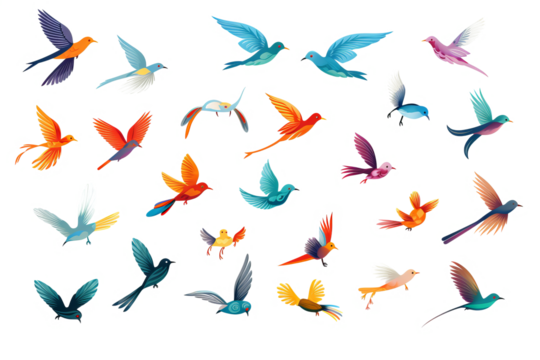 Flock of birds in flight with transparent background for easy decoration projects in PNG style