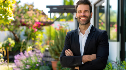 A poised and successful real estate agent in a sharp suit stands confidently with arms crossed outside a contemporary home, reflecting his dedication and expertise.