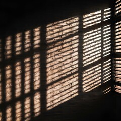 Sunlight streaming through blinds creating intricate shadow patterns on a brick wall. Perfect for themes of light and shadow, interior design, and texture.