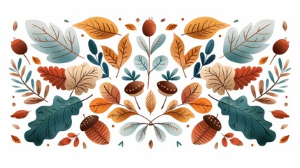 Fall nature-inspired art, flat design, colorful leaves and acorns, autumn illustration, white background