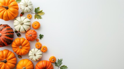 Fototapeta premium Autumn still life with pumpkins and gourds, flat lay, white background, seasonal decoration