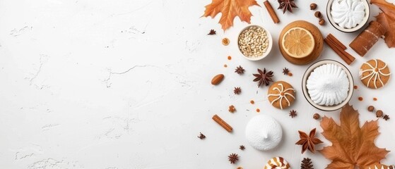 Autumn dessert table flat design, student-made sweets, vibrant and festive, white background