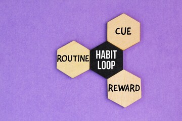 wooden hexagon with the words habit loop which are cue, routine and reward. 4 Strategies For...
