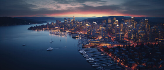 Obraz premium Majestic Twilight Cityscape by the Waterfront