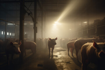 Obraz premium Mystical Sunrise Over Indoor Pig Farm