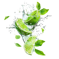 Fresh limes splashing with leaves, cut out