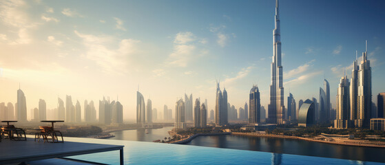Naklejka premium Luxurious Urban Oasis: Skyline and Infinity Pool