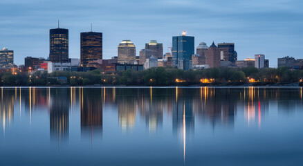 Obraz premium Serene Twilight Reflections of Urban Skyline