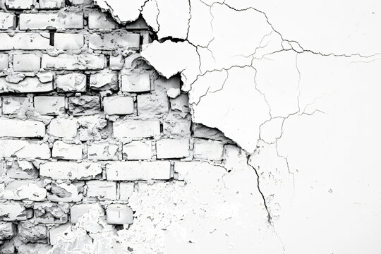 Black and white background of old brick wall with cracks, torn paper texture, and torn edge for design use