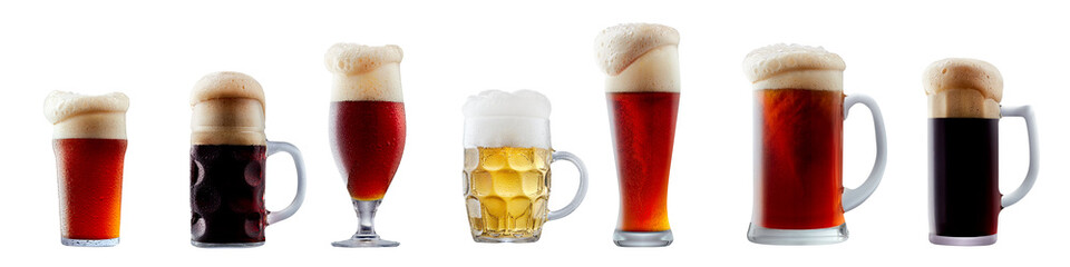 Set of beer cocktails with foam isolated on white background