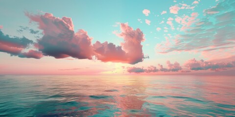 Fototapeta premium A beautiful sunset scene over the ocean with fluffy clouds in the sky