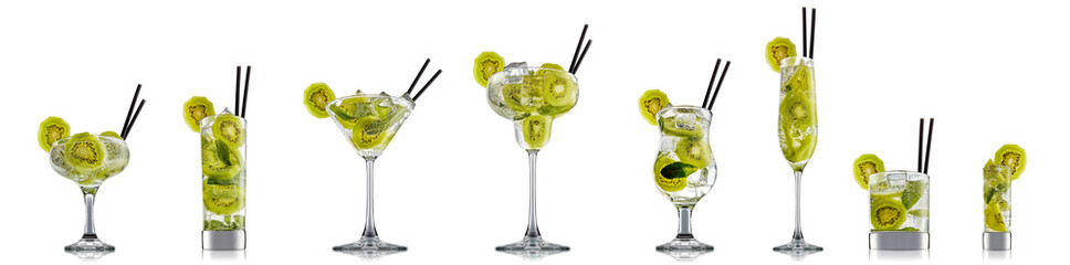 Set of cocktails with decoration from fruits isolated on white background