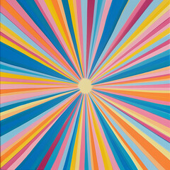 features a vibrant, explosive starburst pattern with pastel colors like blue, pink, yellow, and orange.