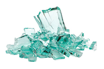 Shattered aqua glass fragments piled in a heap, sharp edges glinting.