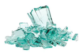 Shattered aqua glass fragments piled in a heap, sharp edges glinting.