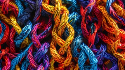 Interwoven Patterns: Create an abstract image featuring vibrant, interwoven threads in various colors, symbolizing the diverse individuals that come together to form a strong, supportive community -