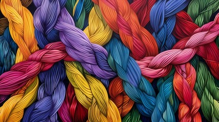 Interwoven Patterns: Create an abstract image featuring vibrant, interwoven threads in various colors, symbolizing the diverse individuals that come together to form a strong, supportive community -