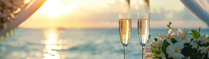 Elegant beach sunset celebration with champagne glasses and floral decorations, perfect for romantic occasions and luxury events.