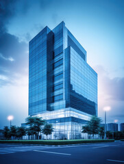 Obraz premium Sleek Modern Office Building at Twilight Cityscape
